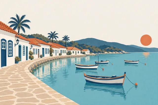 Ilustração da orla de Búzios com barcos de pesca e casario colonial